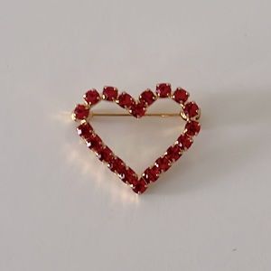 Vintage Gold Tone Heart with Red Stones Brooch